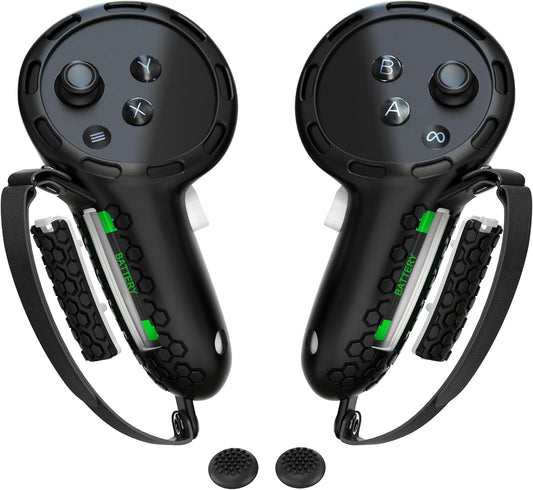 Controller Grips Compatible with Meta Quest 3S Oculus Quest 3 Controllers Straps Knuckle Hand Strap with Battery Opening Covers with Thumbsticks Covers Black, Batteries Not Included