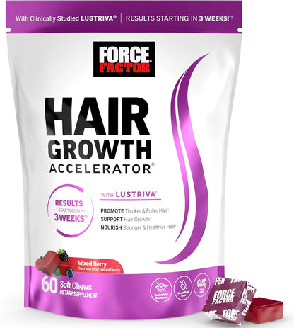 Force Factor Hair Growth Accelerator Soft Chews, Hair Growth Vitamins for Women and Men with Clinically Studied Lustriva and Biotin, Promotes Thicker, Fuller, Stronger Hair, Mixed Berry, 60 Soft Chews