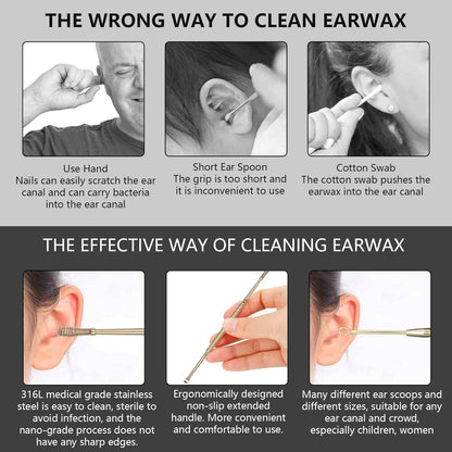Hion 6 Pcs Extended Ear Wax Removal Kit,Professional Double-Headed Ear Pick Earwax Removal Tools,316L Stainless Steel Ear Cleaner Curette with Cleaning Brush and Storage Box,Suit for Kid Adult(Gold)