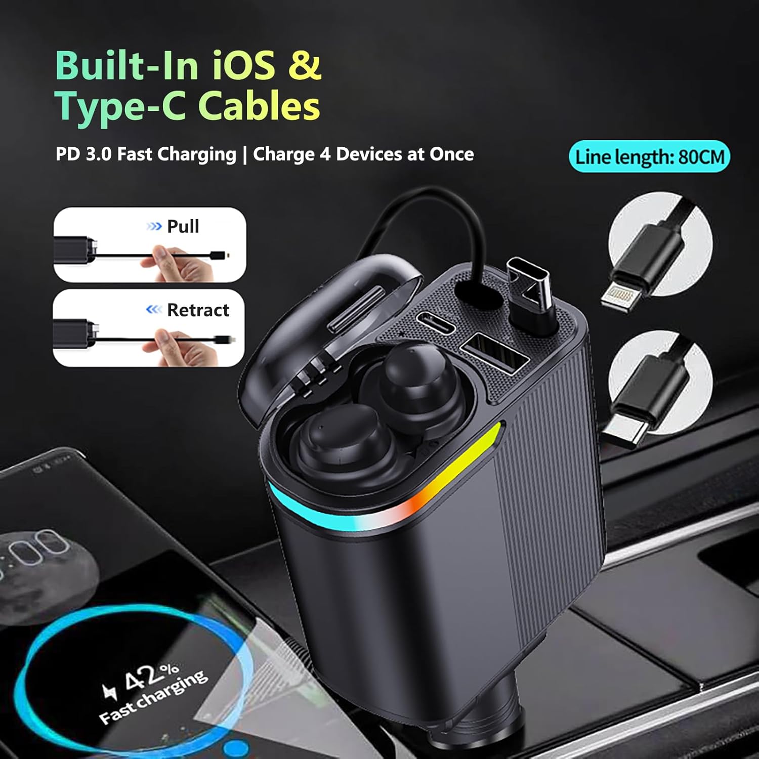 MLVOC 120W Fast Charging Car Charger with Earbuds, Retractable 4-in-1 USB-C & Lightning for iPhone & Android (Black) - Zynora