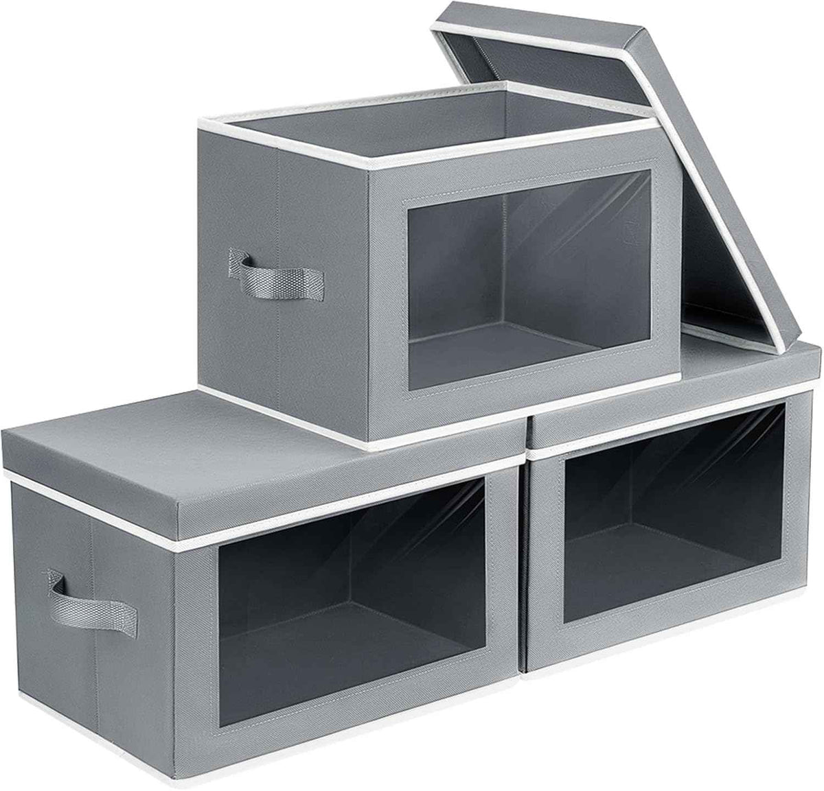 Storage Bins with Lids - Fabric Closet Storage Bins with Window, Collapsible Baskets for Shelves 4 Pack, Home Decorative Boxes for Clothes, Closet, Office, Grey