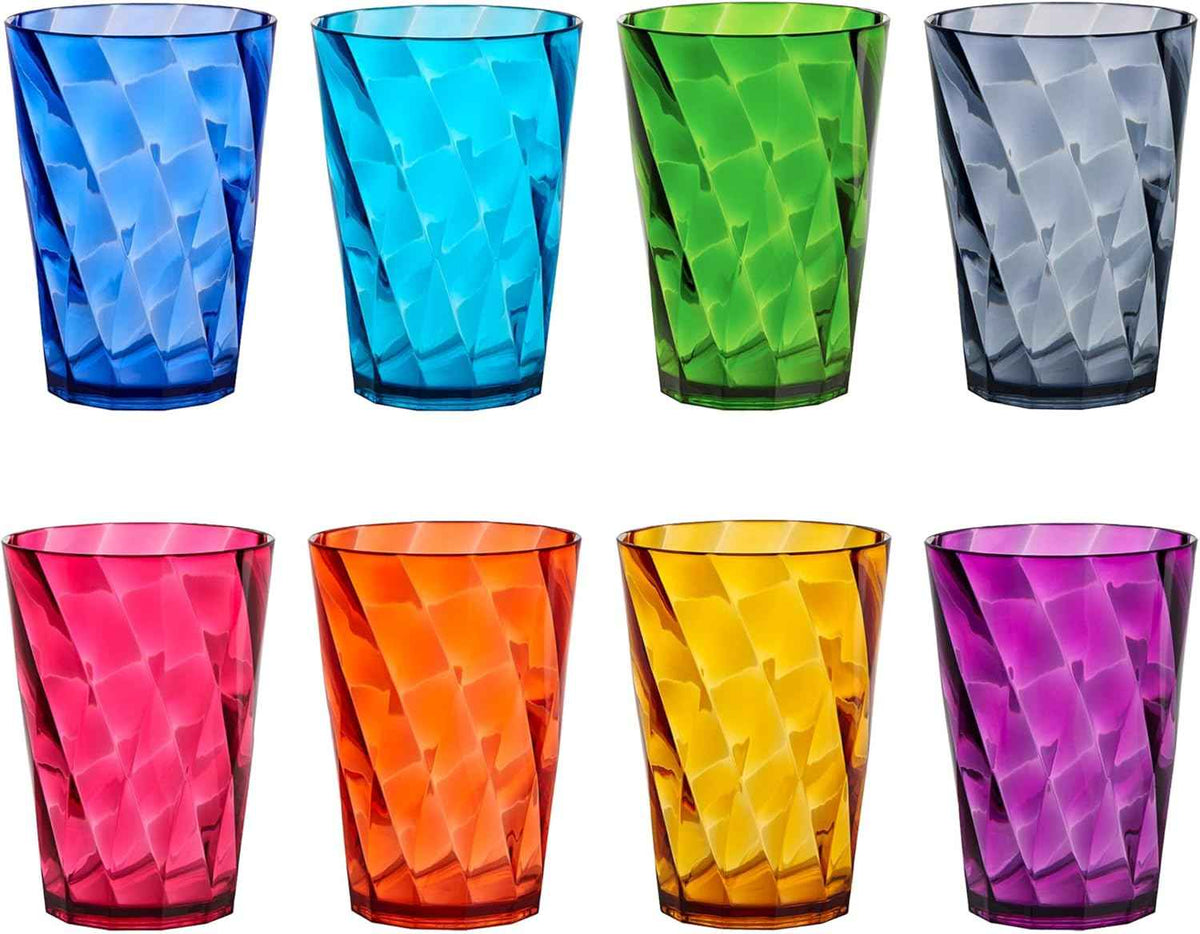 US Acrylic Optix Plastic Reusable Drinking Glasses (Set of 8) 20oz Water Cups in Jewel Tone Colors | BPA-Free Tumblers, Made in USA | Top-Rack Dishwasher Safe