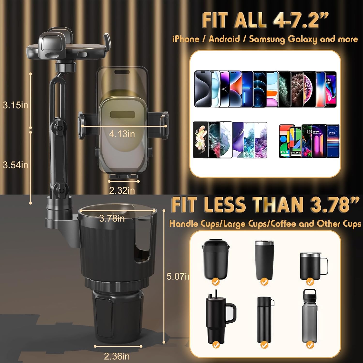 Phone Holders for Your Car, 2 in 1 Universal Cup Holder Expander Adjustable Base with Phone Mount, Long Arm with 360å¡Rotation Cup Holder Phones Mount for Car Compatible with All Smartphones - Zynora