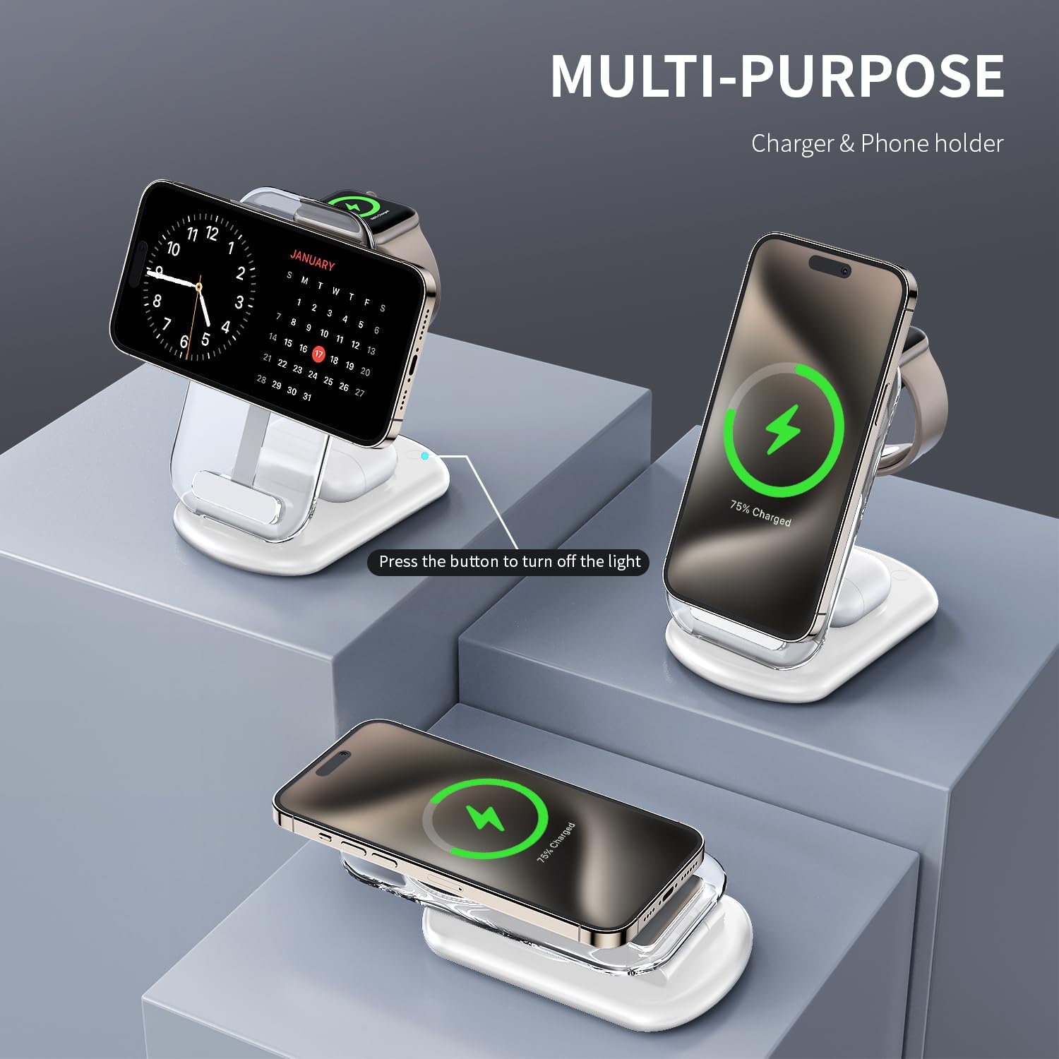 2025 Traveling Wireless Mag-Safe Fast Charging Station,Magnetic 3 in 1 Charger with Light for iPhone 17 16 15 14 13 12 Pro Max Plus,Apple Watch& Air pods 4 3 2 Pro-Gifts for Wife & Husband(White) - Zynora