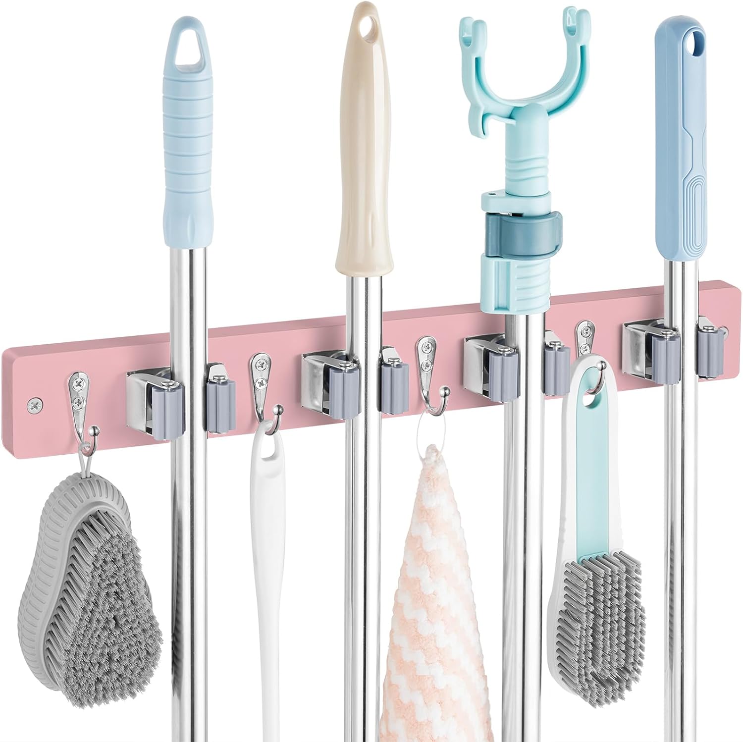 Mop and Broom Holder Wall Mount - Rustic Wood Broom Mop Hanger - Wall Mounted Garden Tool Rack Organizer for Closet Garage Laundry Room Kitchen Decor With 4 Slots & 4 Hooks - Zynora