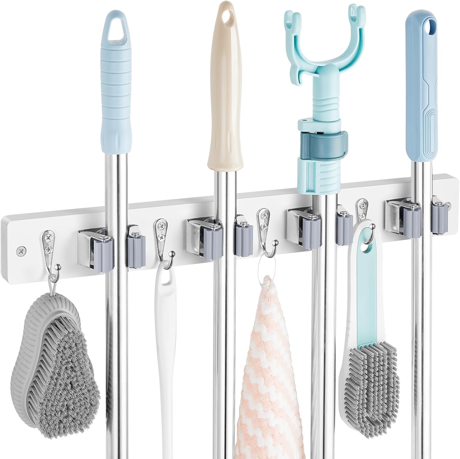 Mop and Broom Holder Wall Mount - Rustic Wood Broom Mop Hanger - Wall Mounted Garden Tool Rack Organizer for Closet Garage Laundry Room Kitchen Decor With 4 Slots & 4 Hooks - Zynora