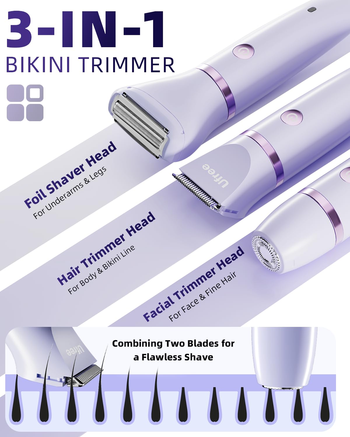 Ufree Bikini Trimmer Electric Razors for Women, Rechargeable PLbic Body Hair Trimmer Electric Shaver for Legs Body Hair, Bikini Shaver IPX7 Waterproof, Gifts for Women, PLrple