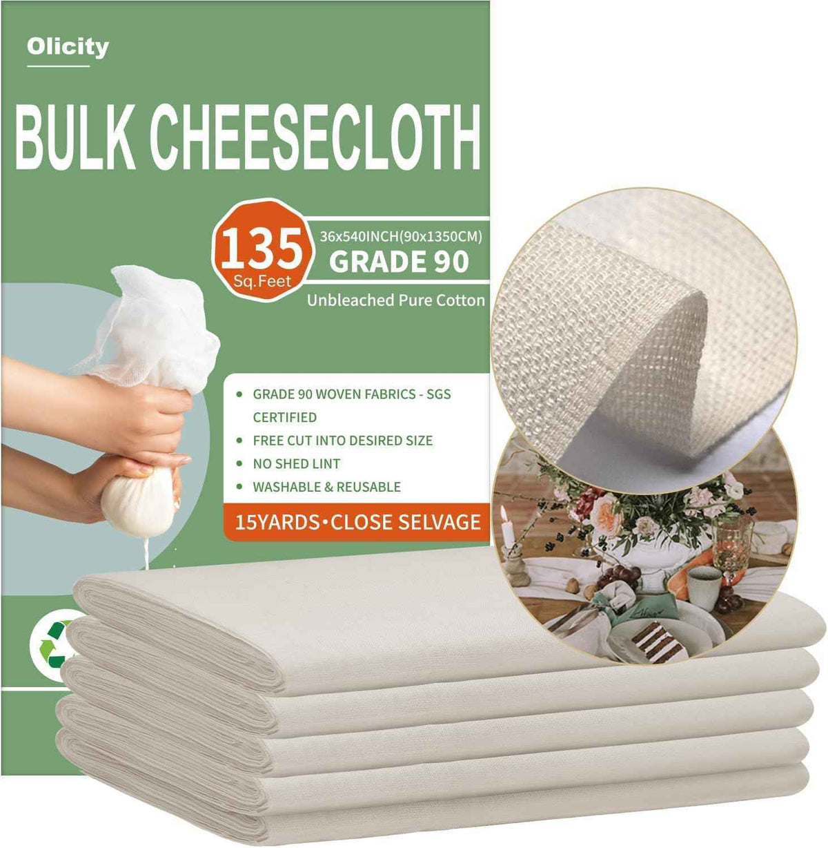 Organic Cheese Cloths, GOTS Certified, Grade 100, 36x36Inch, Reusable Cheese Cloth with Closed Edges Fabric Fine Mesh Cloth, Unbleached Cotton Muslin Cheesecloth for Straining,Cooking,Crafts - 9 Sq.Ft