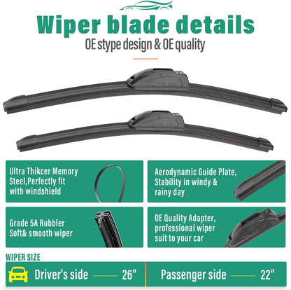 26" 22" 16" Windshield Wiper Blades Replacement for Honda Odyssey 2005-2023 2024 2025 Premium All Weather Front Rear Wipers Set - OEM Quality (Pack of 3)