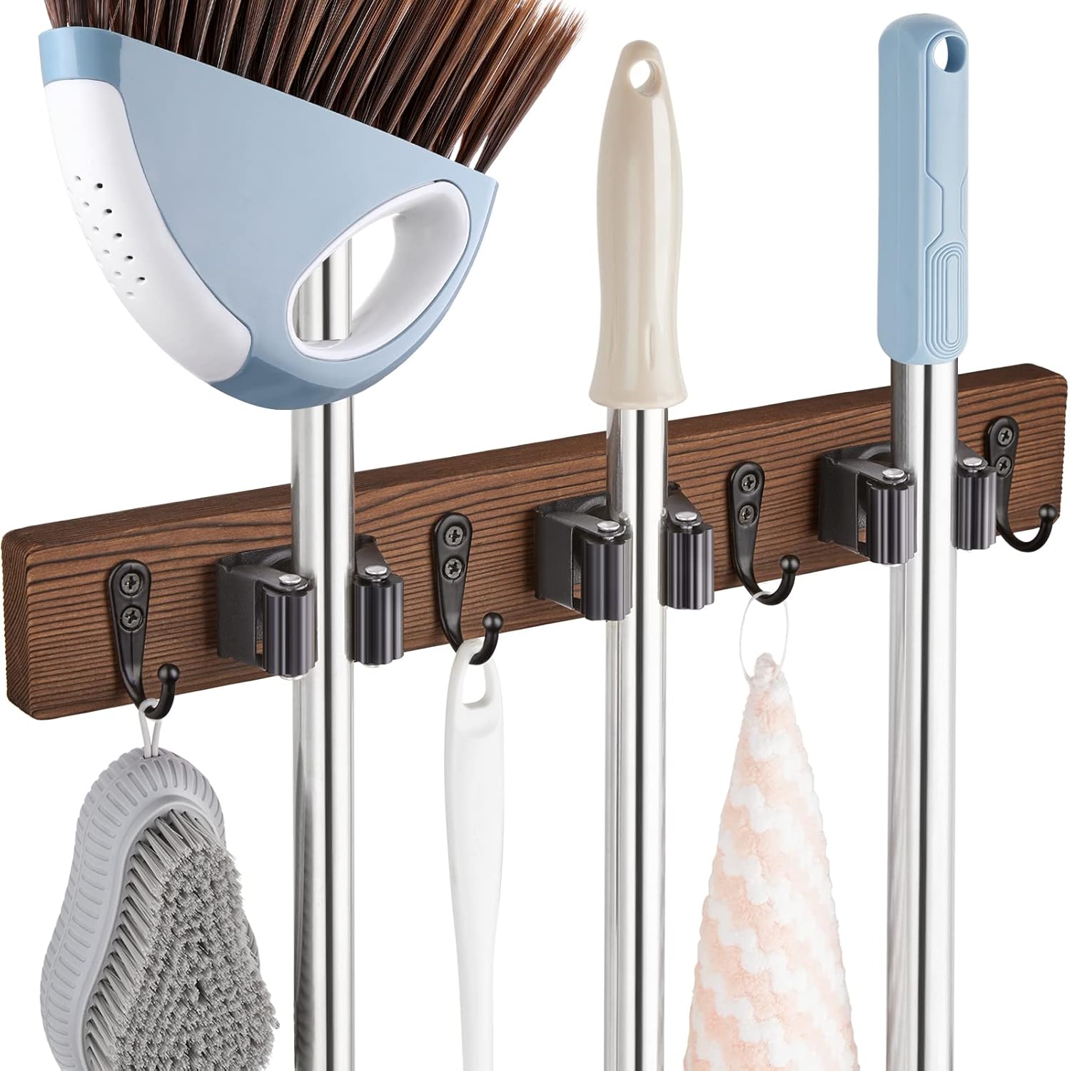 Mop and Broom Holder Wall Mount - Rustic Wood Broom Mop Hanger - Wall Mounted Garden Tool Rack Organizer for Closet Garage Laundry Room Kitchen Decor With 4 Slots & 4 Hooks - Zynora