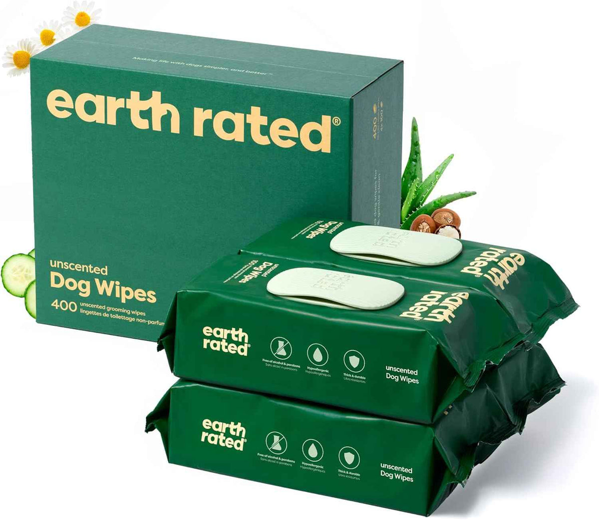 Earth Rated Pet Wipes for Dogs and Cats, Hypoallergenic, Cleaning and Hydrating, for Grooming Paws, Body and Butt, Unscented, 100 Count