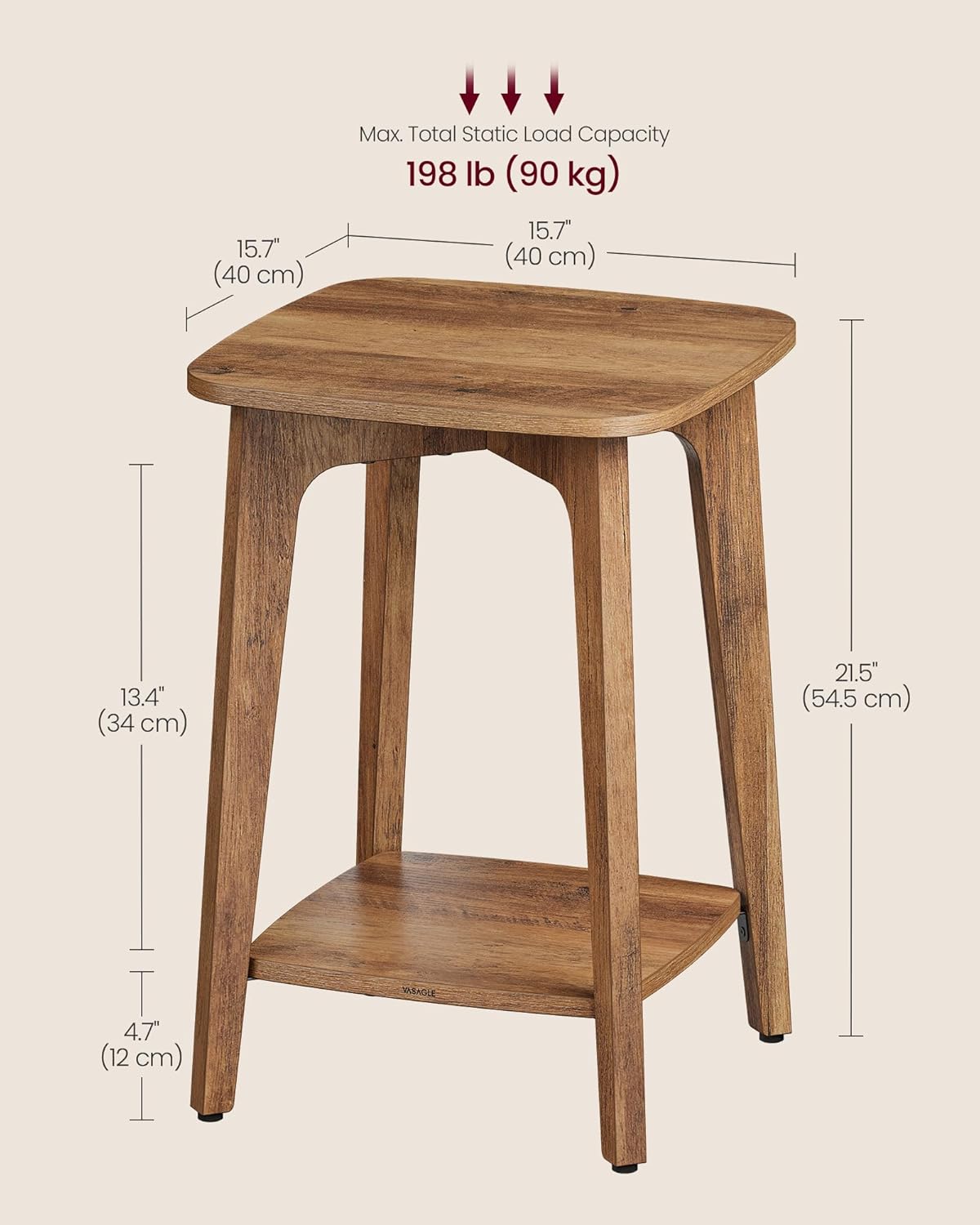 VASAGLE MAEZO Collection - Side Table, 2-Tier Small Square End Table, Nightstand with Tapered Legs, Curved Transitions, for Small Spaces, Living Room, Bedroom, Honey Brown ULET236K01