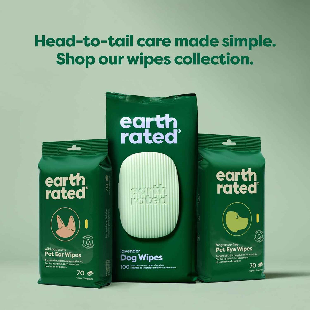 Earth Rated Pet Wipes for Dogs and Cats, Hypoallergenic, Cleaning and Hydrating, for Grooming Paws, Body and Butt, Unscented, 100 Count