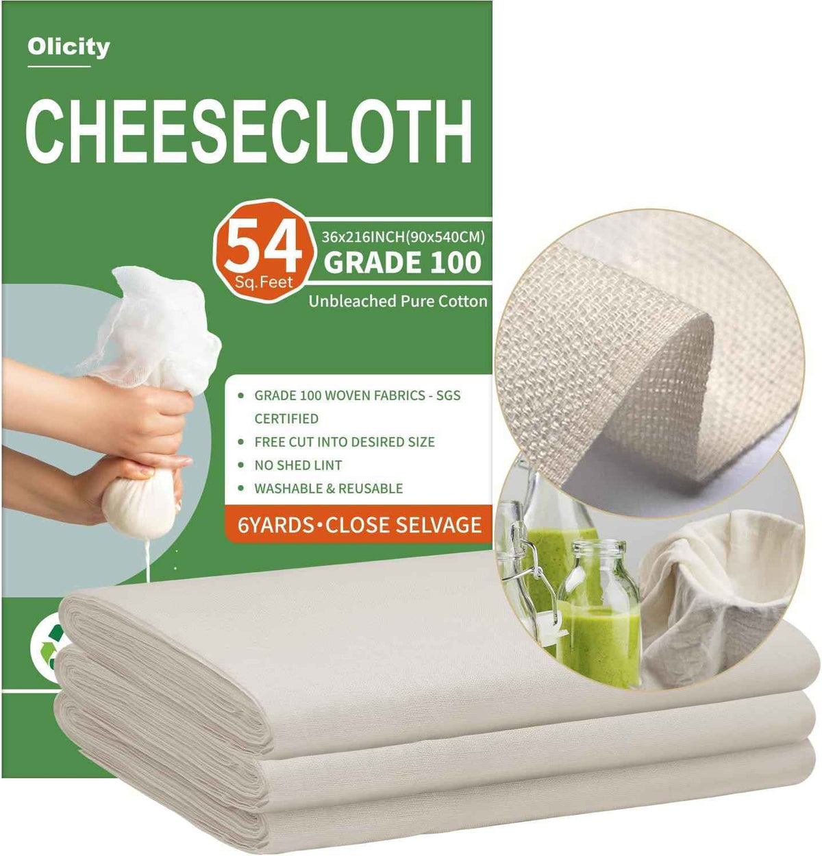 Organic Cheese Cloths, GOTS Certified, Grade 100, 36x36Inch, Reusable Cheese Cloth with Closed Edges Fabric Fine Mesh Cloth, Unbleached Cotton Muslin Cheesecloth for Straining,Cooking,Crafts - 9 Sq.Ft