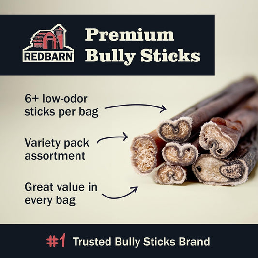 Redbarn Pet Products All Natural 5"-8" Bully Sticks for Small & Large Dogs - Healthy Long Lasting Chews Variety Party Pack - 100% Beef Single Ingredient Low Odor Rawhide Free Dental Treats - 8 oz Bag