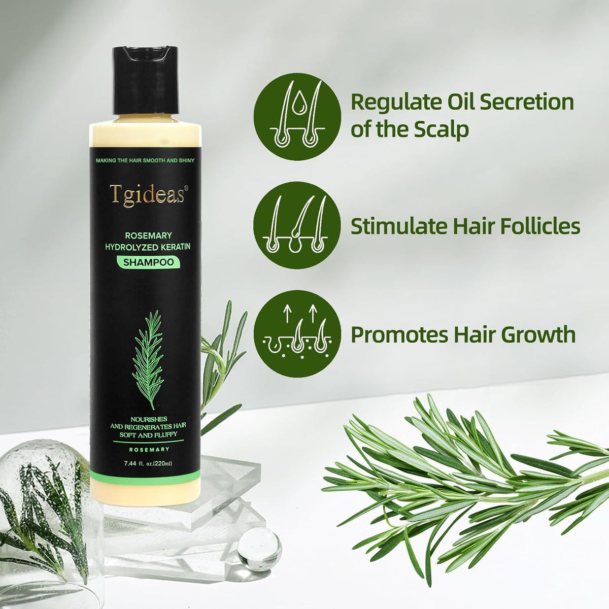 Tgideas Organic Rosemary Hair Growth Shampoo for Women and Men-Natural Thickening & Strengthening Shampoo with Hydrolyzed Keratin for Thinning Hair & Hair Loss 7.4 fl.oz