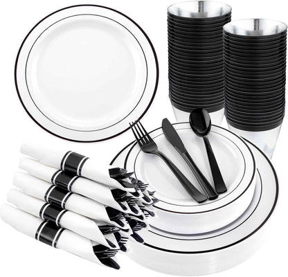 WELLIFE 700 Pieces Silver Plastic Dinnerware Set for 100 Guests - Includes Plates, Cups, Napkins, and Disposable Cutlery - Elegant White & Silver Design, Perfect for Parties and Events