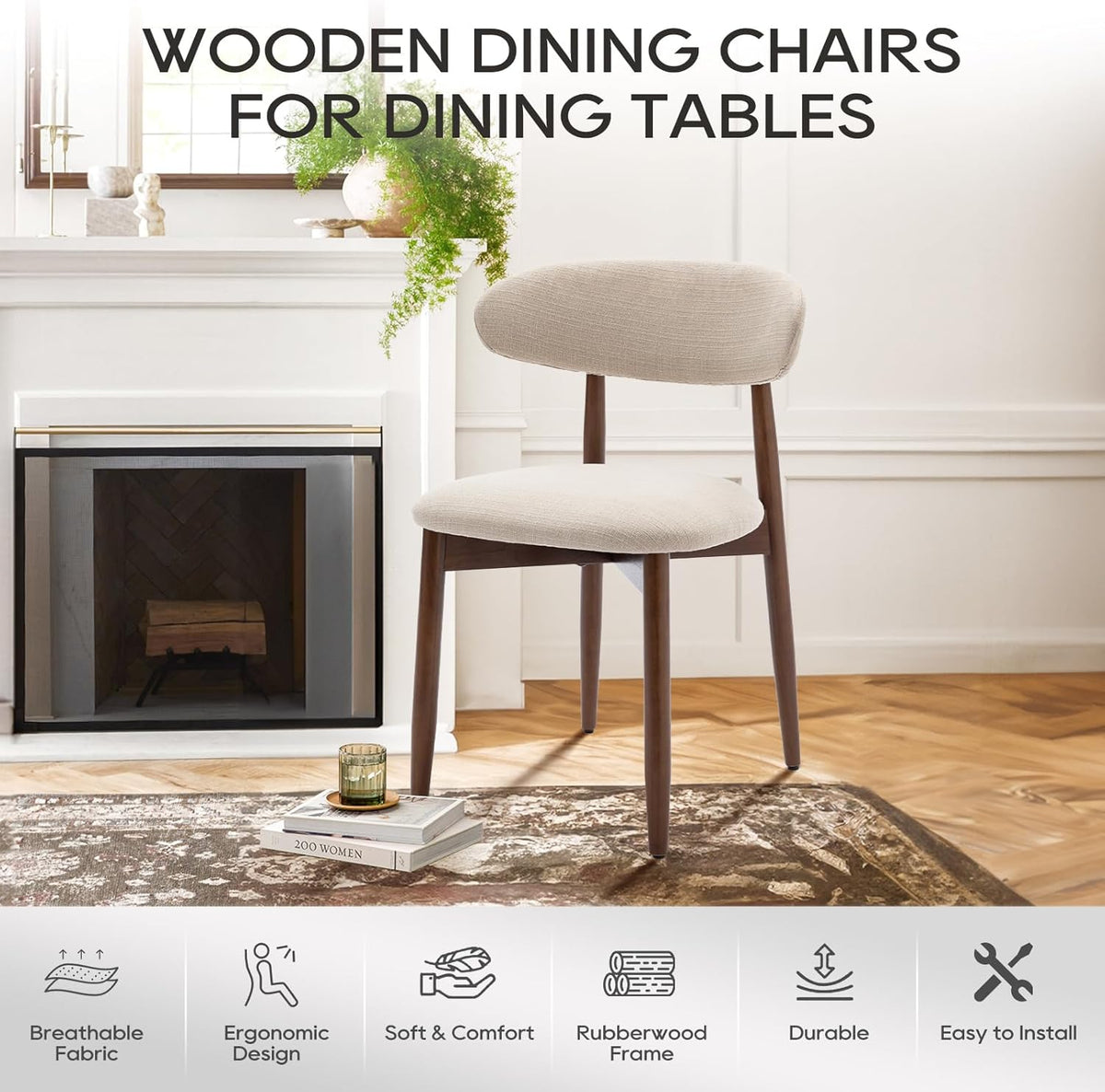 COLAMY Wooden Dining Chairs Set of 4, Modern Fabric Upholstered Kitchen Side Chairs, Farmhouse Dining Room Chair with Foot Pegs, Beige