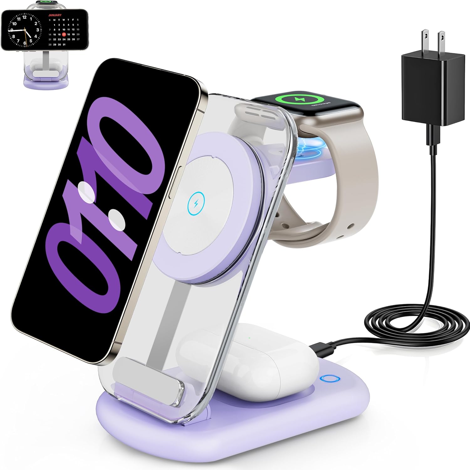 2025 Traveling Wireless Mag-Safe Fast Charging Station,Magnetic 3 in 1 Charger with Light for iPhone 17 16 15 14 13 12 Pro Max Plus,Apple Watch& Air pods 4 3 2 Pro-Gifts for Wife & Husband(White) - Zynora