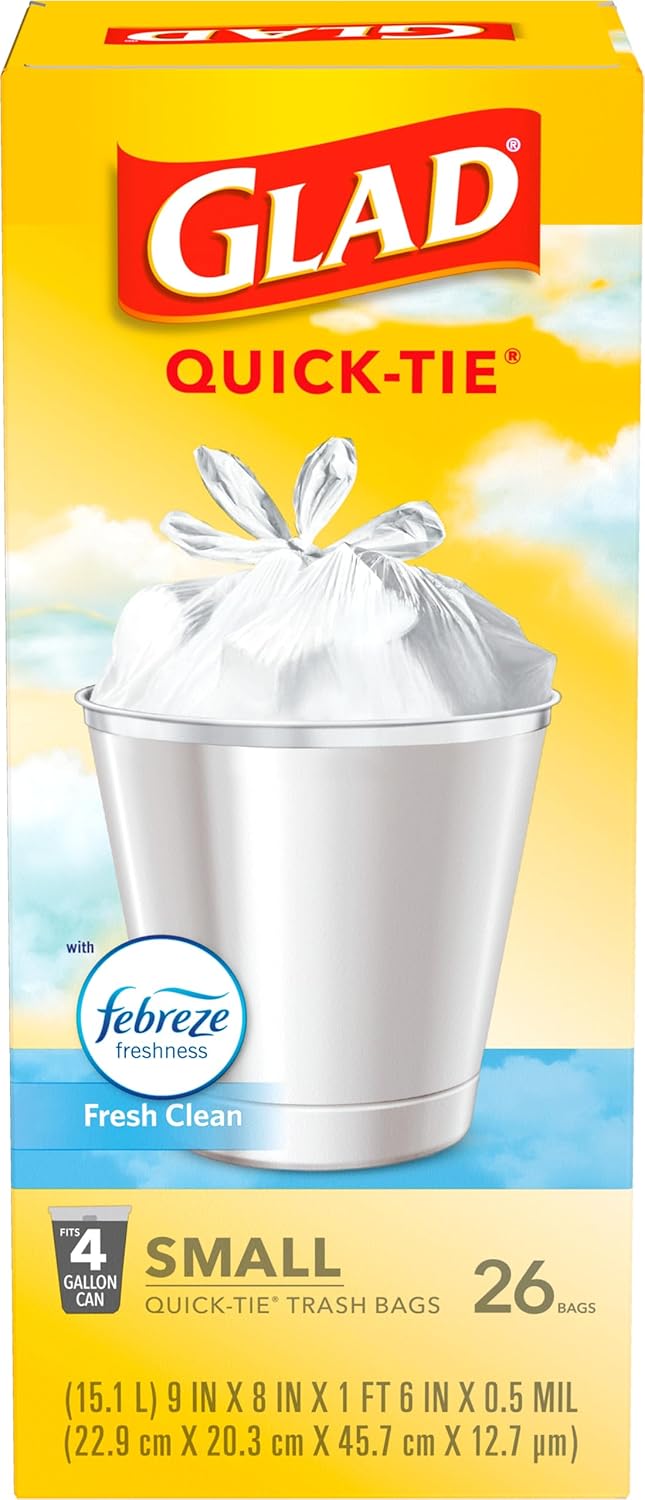 Glad Small Trash Bags 4 Gallon, Febreze Fresh Clean Garbage Bags, Odor Resistant with Quick Tie, 26 Count - Zynora