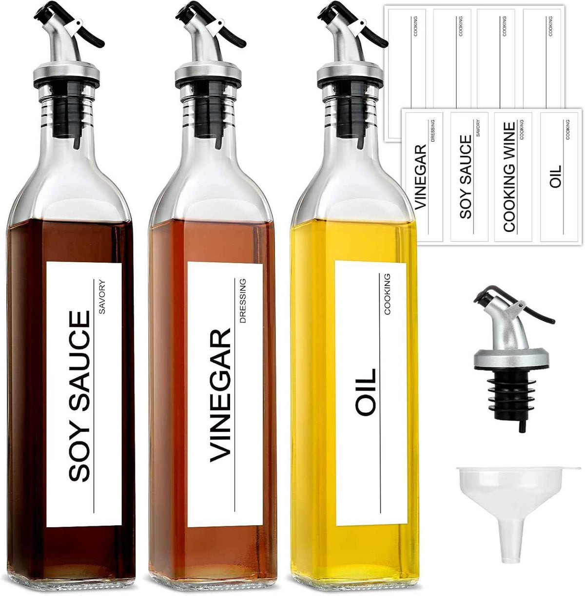 GMISUN Olive Oil Dispenser for Kitchen, 4 Pack 17 fl oz Glass Oil Dispensers Bottle, Cooking Soy Sauce Bottle Container Cruet with Plastic Pourer Spout, Funnel and Labels, Clear