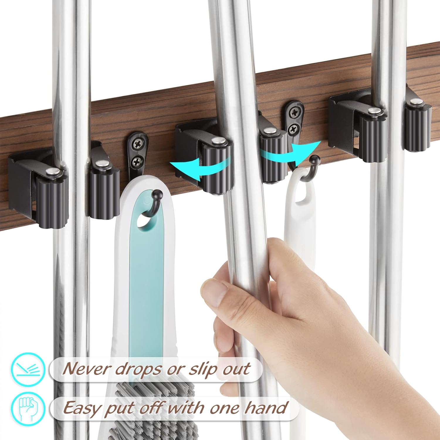 Mop and Broom Holder Wall Mount - Rustic Wood Broom Mop Hanger - Wall Mounted Garden Tool Rack Organizer for Closet Garage Laundry Room Kitchen Decor With 4 Slots & 4 Hooks - Zynora