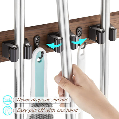 Mop and Broom Holder Wall Mount - Rustic Wood Broom Mop Hanger - Wall Mounted Garden Tool Rack Organizer for Closet Garage Laundry Room Kitchen Decor With 4 Slots & 4 Hooks - Rayz Mart