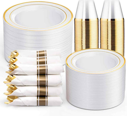 WELLIFE 700 Pieces Gold Plastic Dinnerware Set for 100 Guests - Includes Plates, Cups, Napkins, and Disposable Cutlery - Elegant White & Gold Design, Perfect for Parties and Events