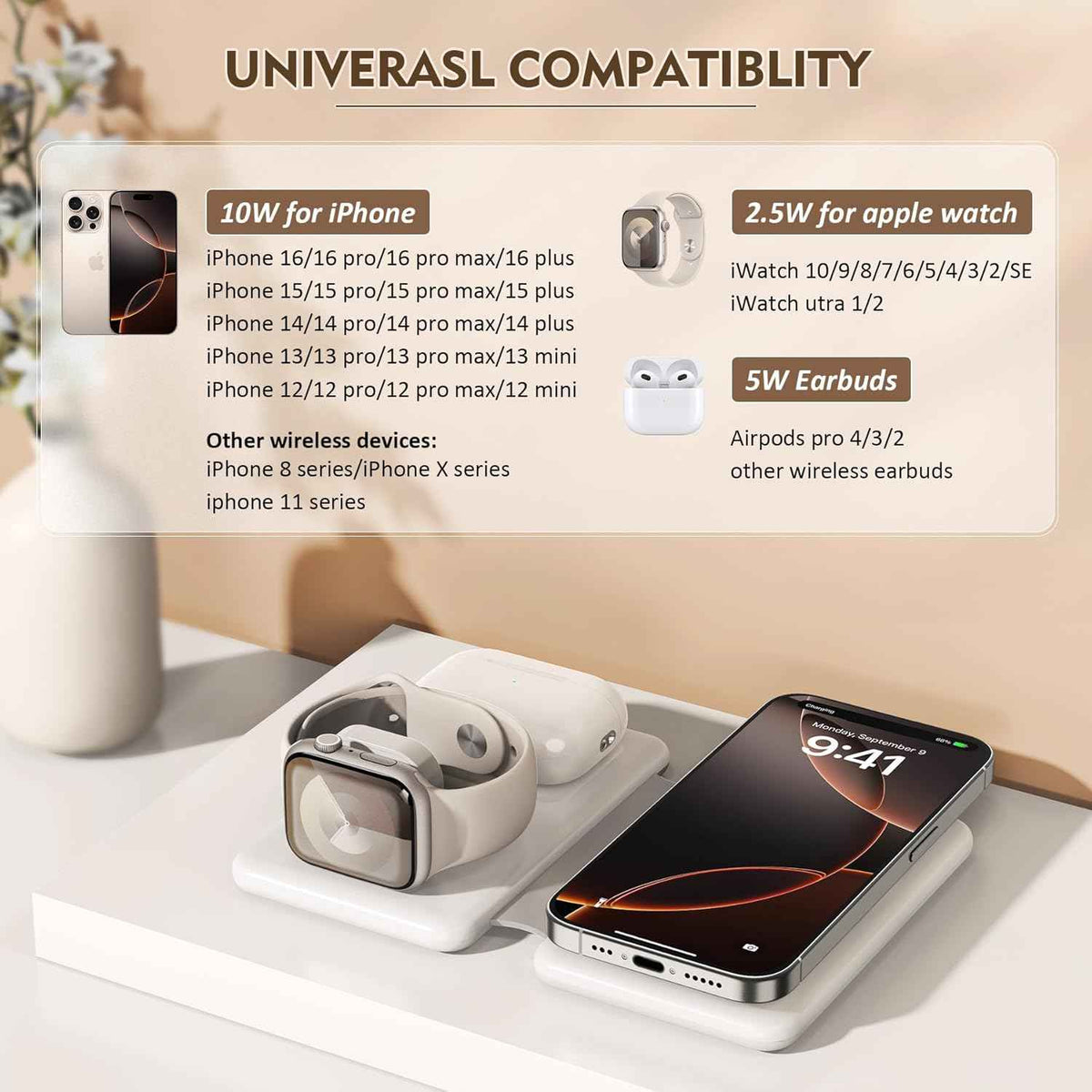 Magnetic Wireless Charger for iPhone: 3 in 1 Travel Charging Station for Apple Devices for iPhone 17 Air 16 15 14 13 12 Pro Max Plus - Foldable Charging Pad for Apple Watch Series & Airpods 4 3 2 Pro