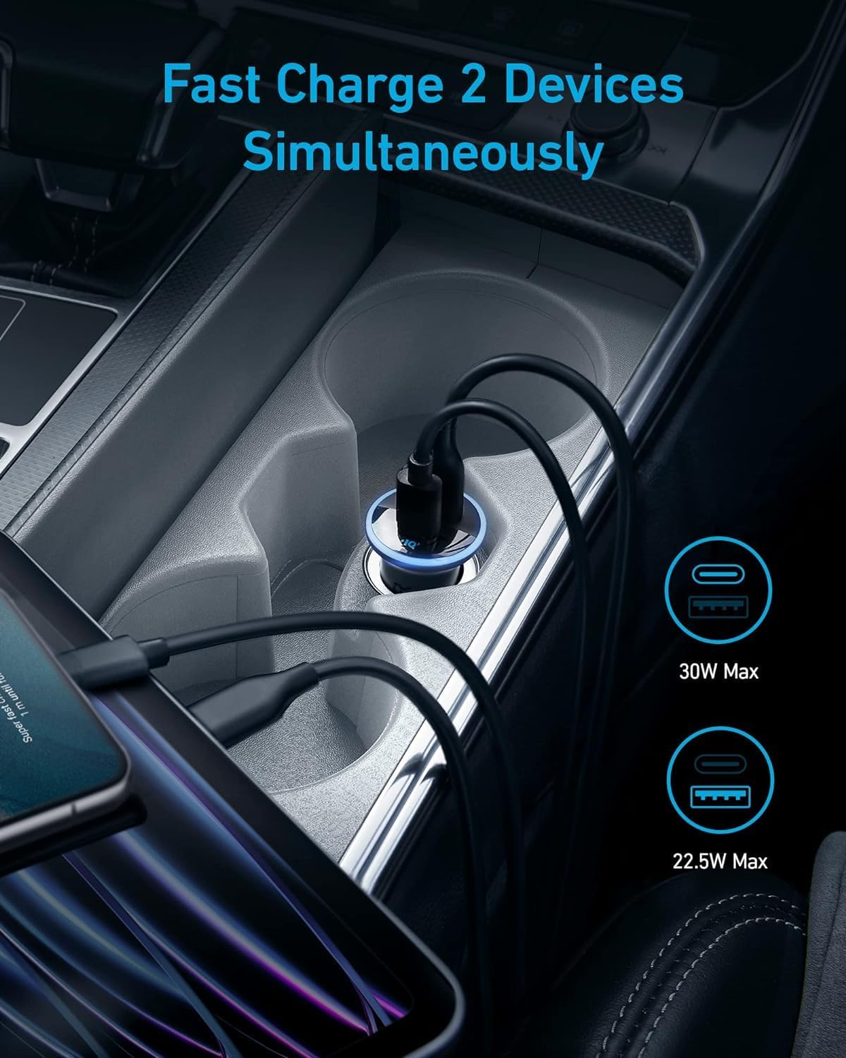 Anker 323 USB C Car Charger Adapter, 52.5W Cigarette Lighter Charger with 30W PowerIQ 3.0 Fast Charging Cable for iPhone 17/17 Pro Max/16/15/14 Series, Galaxy S25/24/23, Pixel, iPad, AirPods and More - Zynora