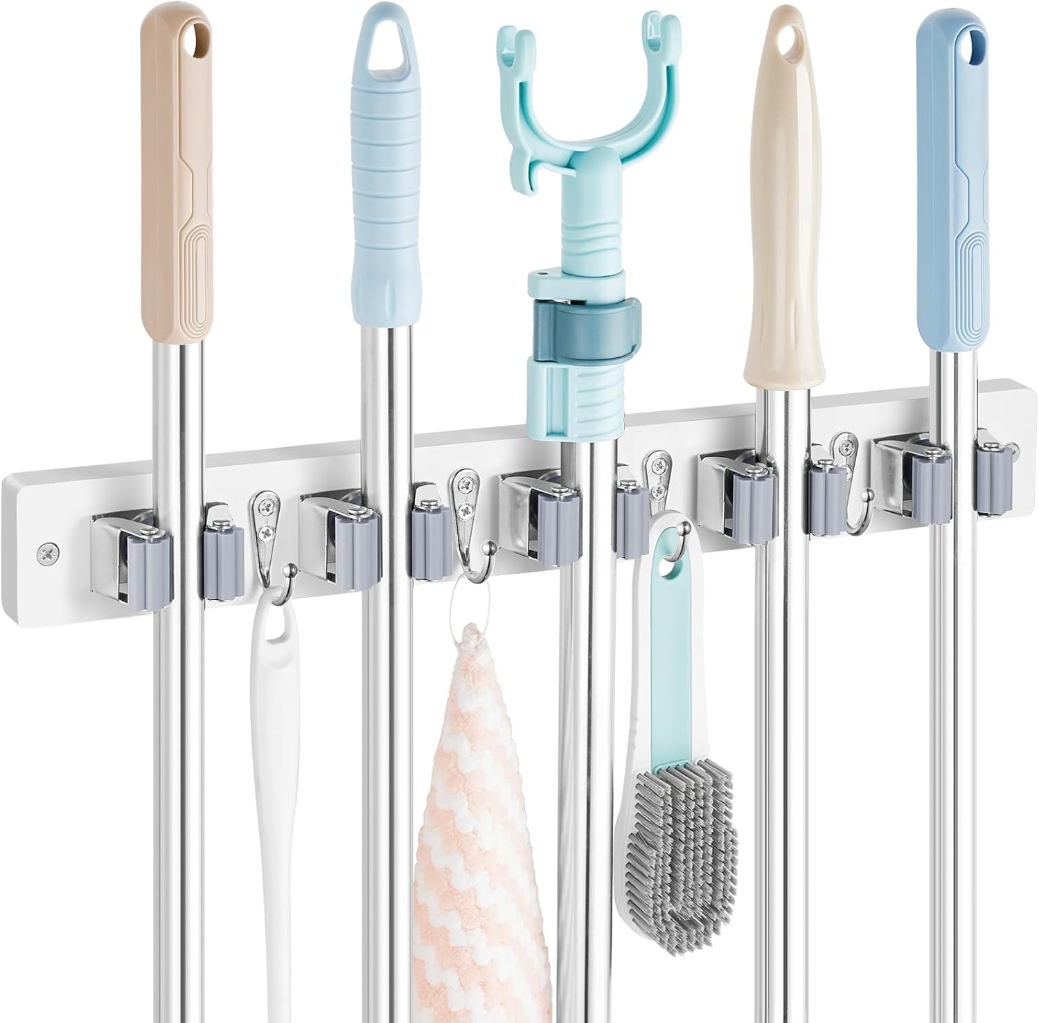 Mop and Broom Holder Wall Mount - Rustic Wood Broom Mop Hanger - Wall Mounted Garden Tool Rack Organizer for Closet Garage Laundry Room Kitchen Decor With 4 Slots & 4 Hooks - Zynora
