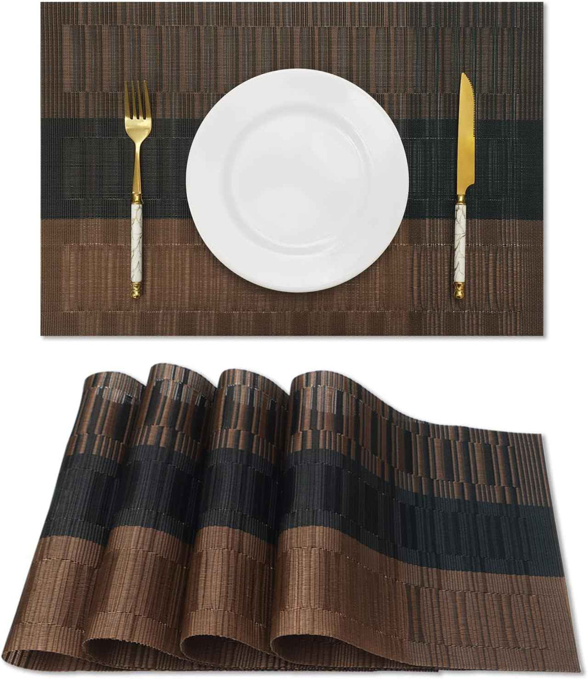HeloHo Black Placemats Set of 4 Heat-Resistant Washable Place Mats Non-Slip Vinyl Woven Table Mats Wipeable Placemat for Kitchen Dining Table Decoration Indoor Outdoor