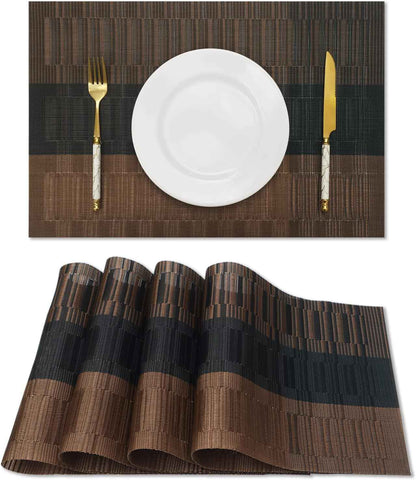 HeloHo Black Placemats Set of 4 Heat-Resistant Washable Place Mats Non-Slip Vinyl Woven Table Mats Wipeable Placemat for Kitchen Dining Table Decoration Indoor Outdoor