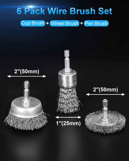 6 Pack Carbon Steel Wire Wheel and Pen Brush Set for Rust Removal, 1/4-Inch Hex Shank