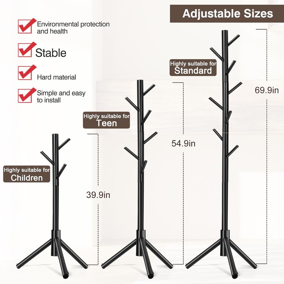 Coat Rack, Freestanding Coat Rack with 8 Hooks and 3 Adjustable Size Tree Coat Racks for Bedroom, Hallway, Entrance, Office, for Hats, Coats, Scarves, Handbags