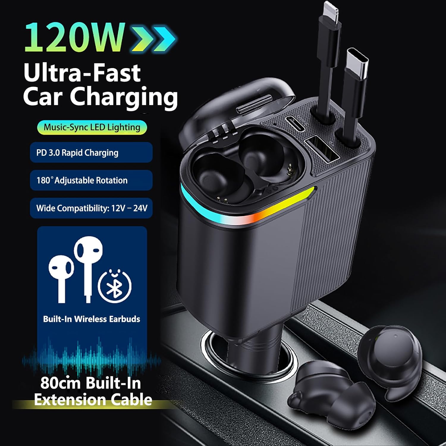 MLVOC 120W Fast Charging Car Charger with Earbuds, Retractable 4-in-1 USB-C & Lightning for iPhone & Android (Black) - Zynora