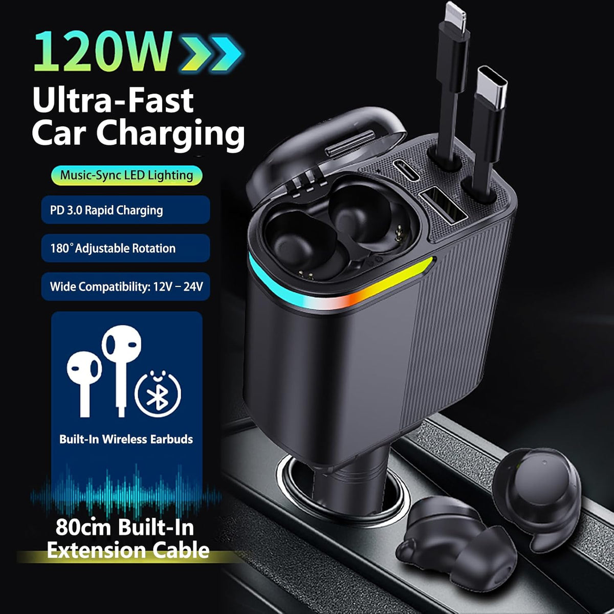 mlvoc 120w fast car charger with retractable 4-in-1 cable and wireless earbuds