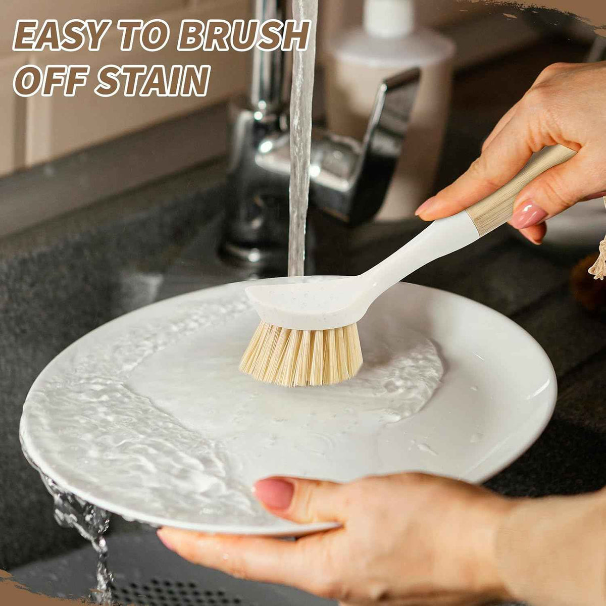 Dish Brush with Built-in Scraper - 4 Pack Bamboo Dish Scrubber Brush with Handle, Kitchen Brushes for Dishes & Pots, Sink, Eco Cleaning Tool Set