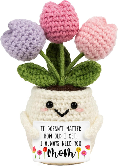 Gifts for Mom from Daughter Son - Cute Mothers Day, Birthday Gifts for Moms, Mother, Mama - 5.51'' x 4.13'' Mother's Day Knitted Positive Tulip Flowers Mom Crochet Doll