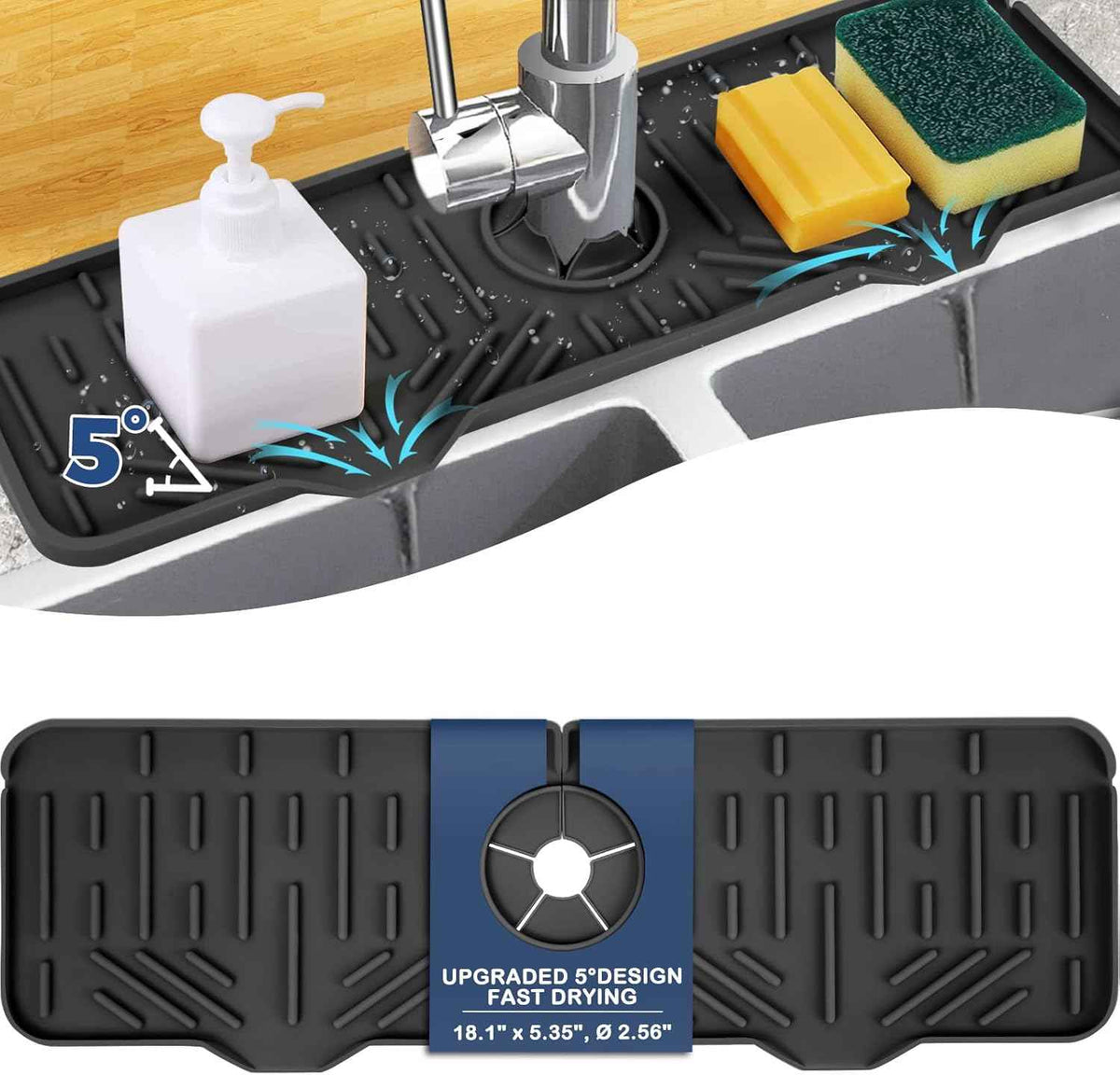 BFONS Silicone Faucet Handle Drip Catcher Drying Tray Mat Dish Soap Sponge Holder Accessories Gadgets for Kitchen Counter Bathroom Kitchen Sink Splash Guard -Grey