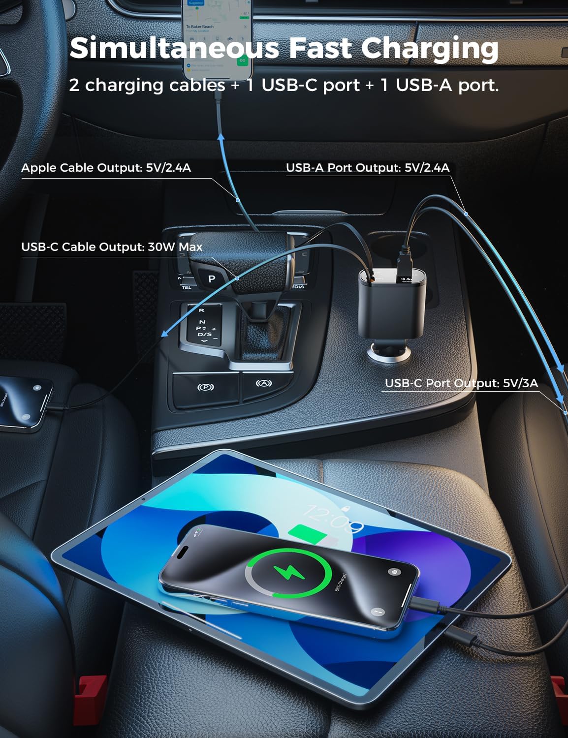 ‹ېUpgraded‹ÛÔ SUPERONE Retractable Car Charger 4 in 1, Fast Car Phone Charger with Cord 2.6ft, USB C and Apple Car Adapter, Compatible with iPhone 17 16 15/15 Pro Max/14/13/12/11, Galaxy, Pixel - Zynora