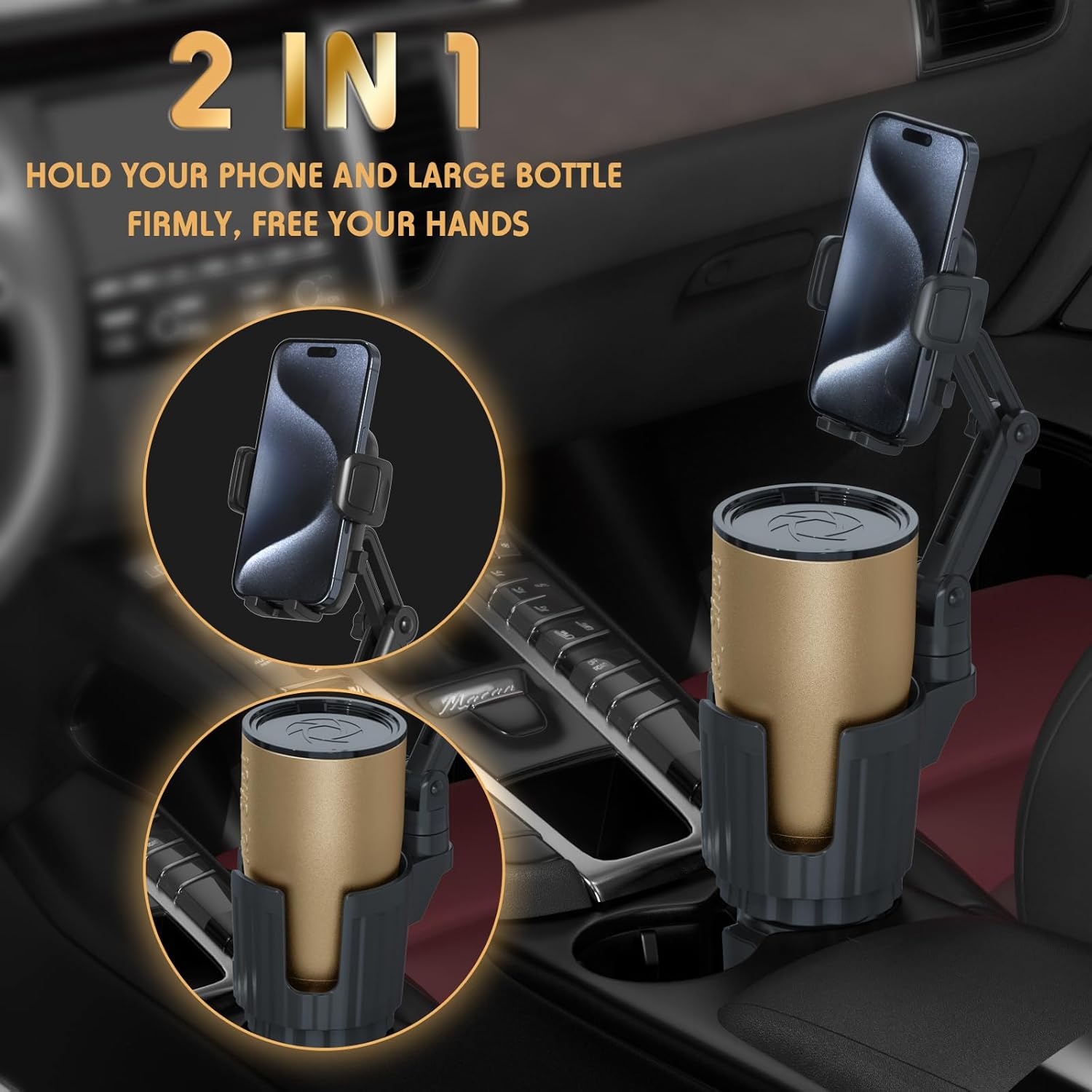 Phone Holders for Your Car, 2 in 1 Universal Cup Holder Expander Adjustable Base with Phone Mount, Long Arm with 360å¡Rotation Cup Holder Phones Mount for Car Compatible with All Smartphones - Zynora