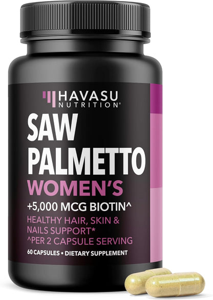 Saw Palmetto for Women with Biotin 5000mcg - Powerful DHT Blocker to Support Hair, Skin, and Nail Health - 60 Count - Vegan, Non-GMO Vitamin for Stronger, Fuller Looking Locks - 1 Month Supply