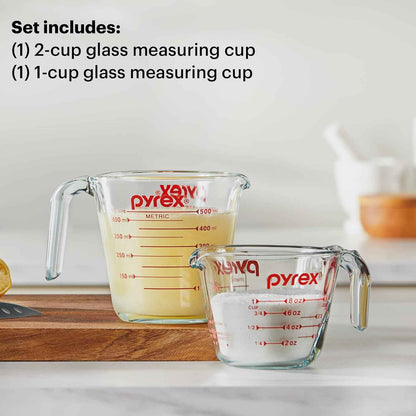 Pyrex Essentials (2-Pack) Glass Measuring Cups Set, (1 & 2 Cup) Measuring Cups For Prepping, Baking and Cooking, Preheated Oven, Dishwasher, Freezer, and Microwave Safe