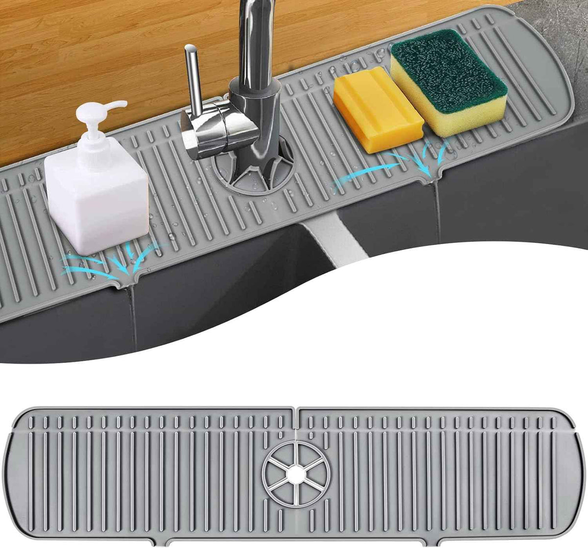 BFONS Silicone Faucet Handle Drip Catcher Drying Tray Mat Dish Soap Sponge Holder Accessories Gadgets for Kitchen Counter Bathroom Kitchen Sink Splash Guard -Grey