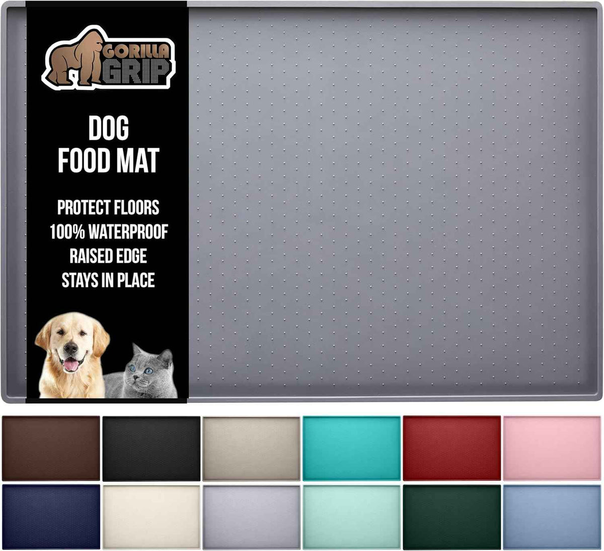 GORILLA GRIP 100% Waterproof Raised Edge BPA Free Silicone Pet Feeding Mat, Dog Cat Food Mats Contain Spills Protects Floors, Placemats for Cats and Dogs Water Bowl, Pets Accessories 18.5x11.5 Gray