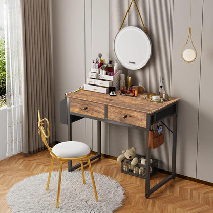 Lufeiya Small Computer Desk with 2 Drawers for Bedroom, 31 Inch Home Office Desk with Storage Fabric Drawer and Bag, Study Writing Table for Small Spaces, Rustic Brown