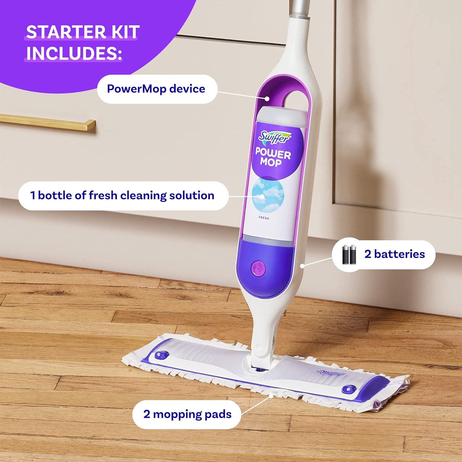 Swiffer PowerMop Multi-Surface Mop Kit for Floor Cleaning, Includes PowerMop, 2 Mopping Pad Refills, 1 Cleaning Solution with Fresh Scent and 2 Batteries - Zynora