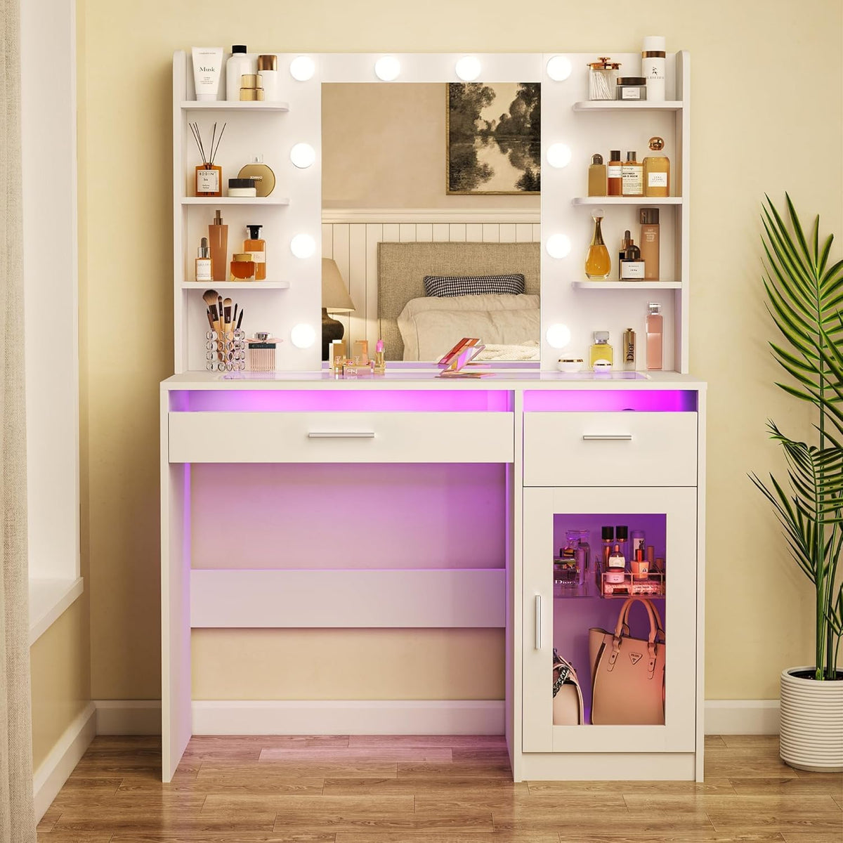 Vanity Desk with Mirror and Lights, Makeup Vanity Desk with Lights 3 Colors, Transparent Top Vanity with 2 RGB Drawers, 6 Shelves, Large Tempered Cabinet, Power Outlet, for Bedroom, White