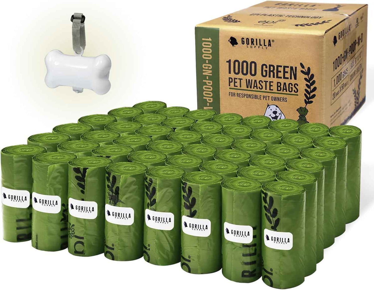 GORILLA SUPPLY 1000 Dog Poop Waste Bags with Dispenser and Leash Tie, 9" x 13", Blue, 1000 Count